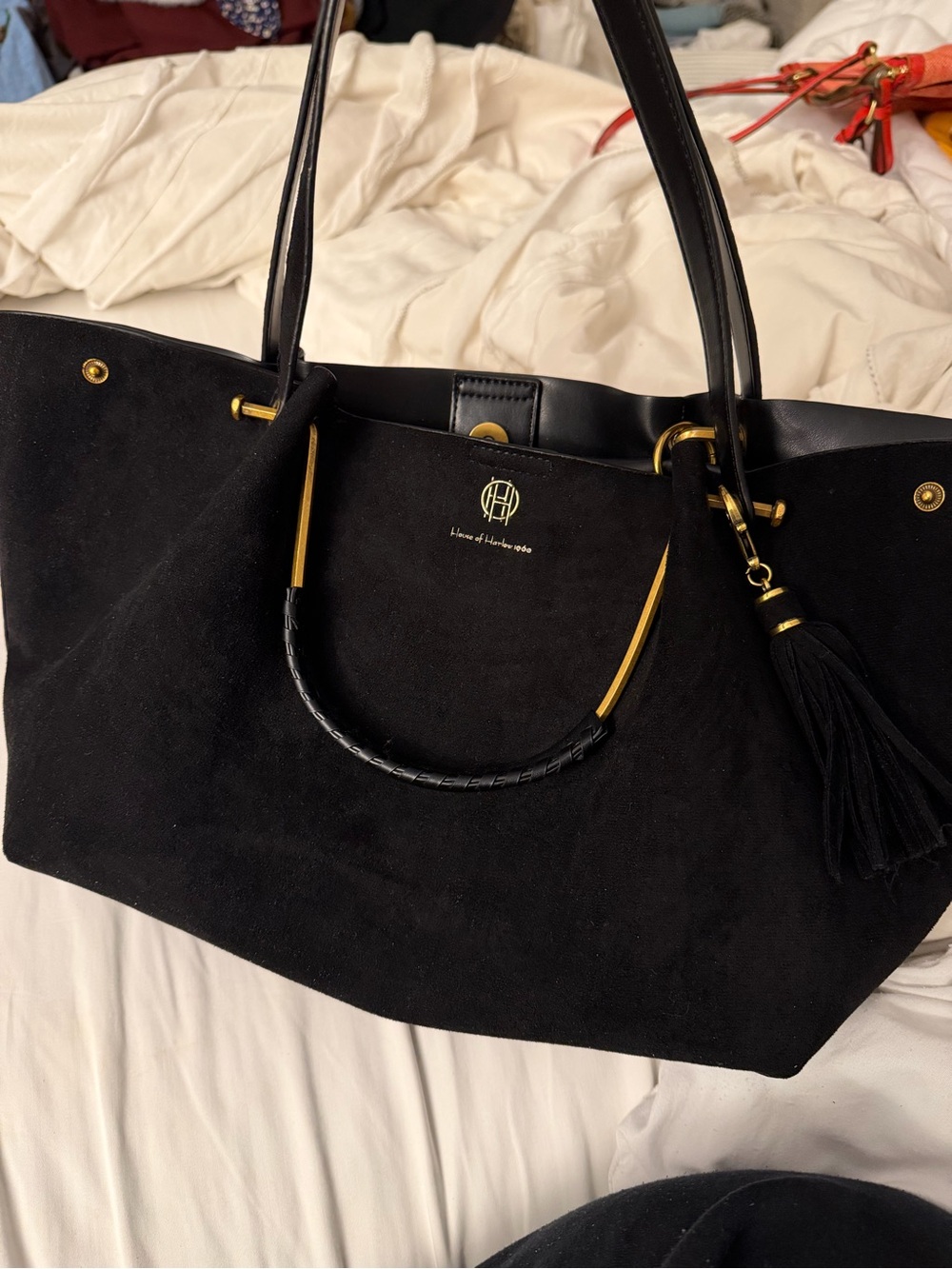 House of Harlow 1960 Black faux Suede Shoulder Bag with Gold Hardware - Picture 7 of 9